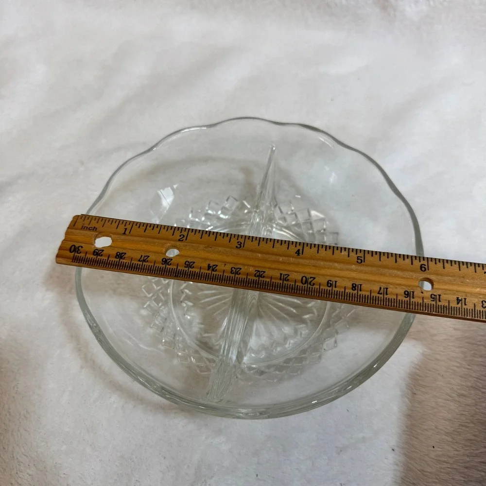 Vintage Clear Glass Divided‎ Relish Dish Scalloped Edge Serving Bowl